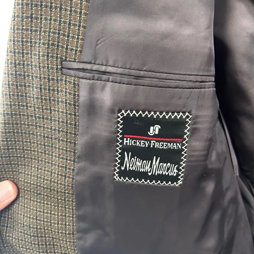 Hickey Freeman Blazer Mens 43L Brown Silk Wool Check Boardroom Neiman Marcus